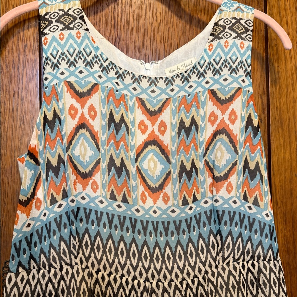 Hem & Thread Sleeveless Dress with Blue and Orange Geometric Design - Picture 2 of 8